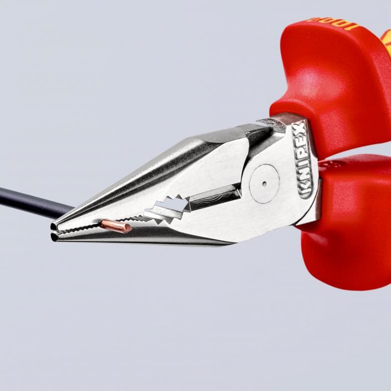 Комбинирани клещи с остър връх, хромирани, VDE 1000V жълто-червена ръкохватка 145мм, Knipex