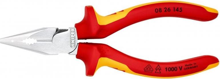 Комбинирани клещи с остър връх, хромирани, VDE 1000V жълто-червена ръкохватка 145мм, Knipex