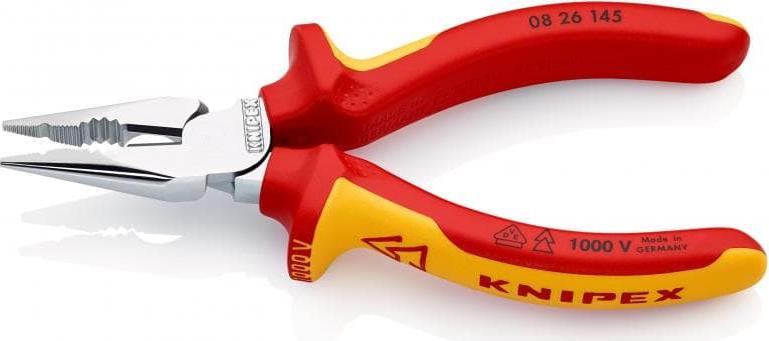 Комбинирани клещи с остър връх, хромирани, VDE 1000V жълто-червена ръкохватка 145мм, Knipex