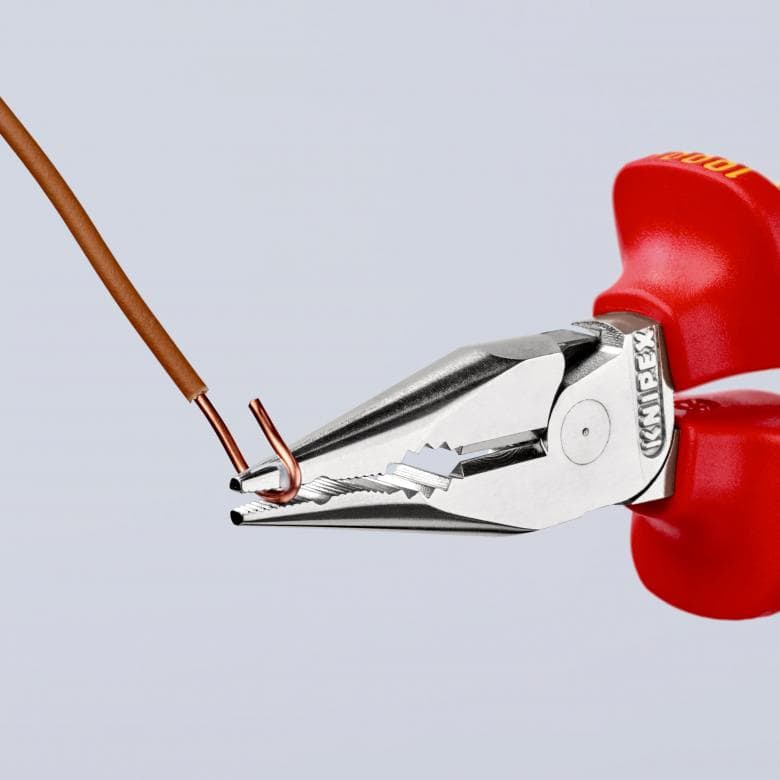 Комбинирани клещи с остър връх, хромирани, VDE 1000V жълто-червена ръкохватка 145мм, Knipex