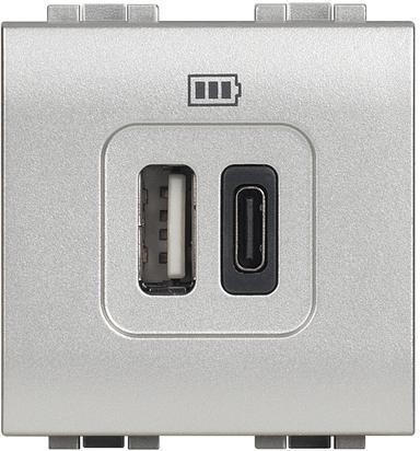 Розетка 2xUSB за зареждане тип A+C 3A 15W 2 мод. цвят Алуминий LL Bticino