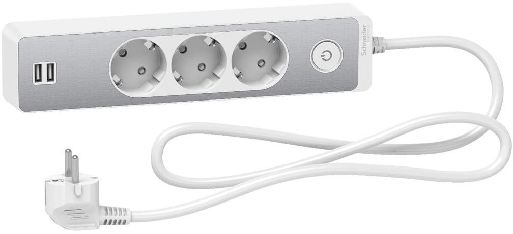 Разклонител бял/алуминий 3 гнезда, 2xUSB 1.5 метра /1.5mm2 и ключ серия UNICA SE