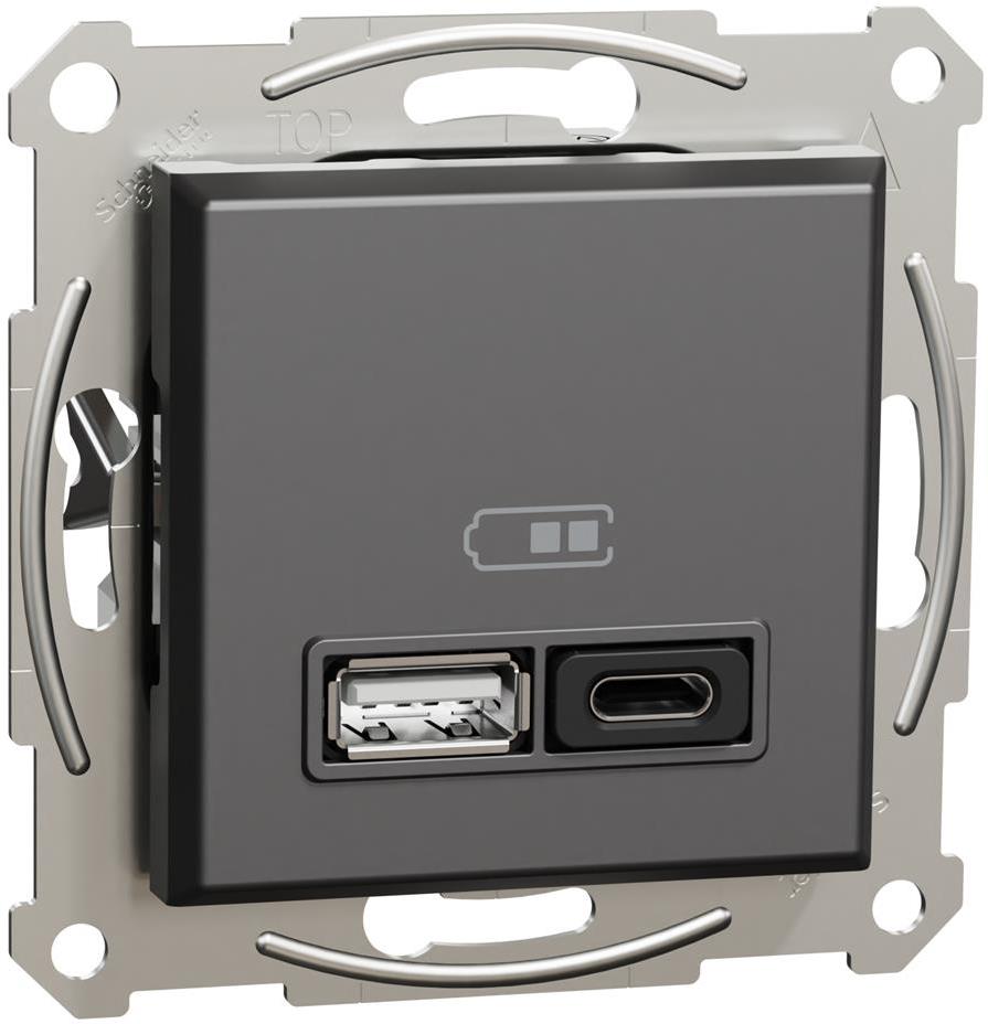 Розетка 2хUSB за зареждане тип A+C PD 45W цвят Антрацит Asfora SE