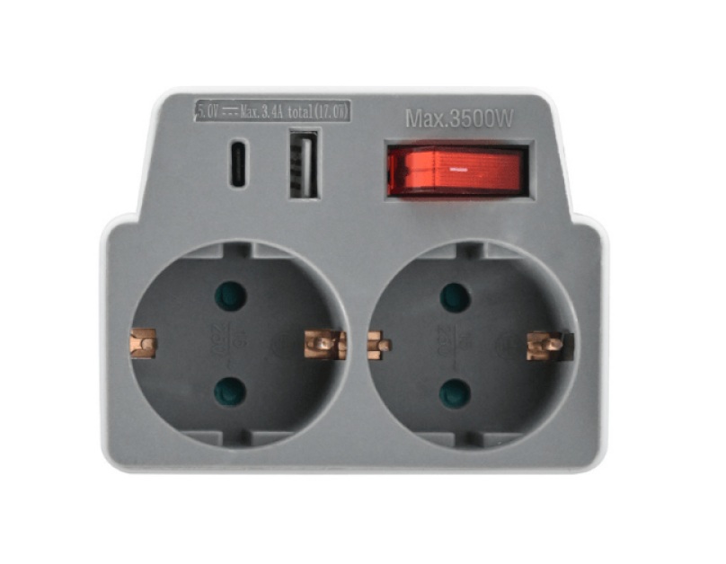 Адаптер за контакт 2х Шуко с USB A+C и ключ бял/сив DPM