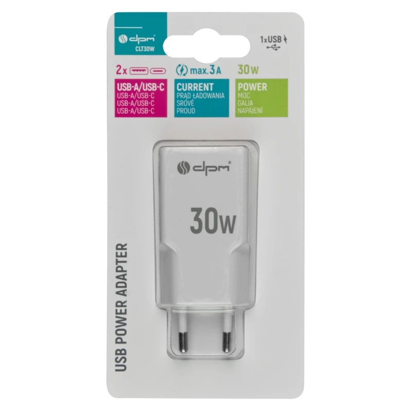 Захранващ адаптер PD 30W USB A+C бял DPM