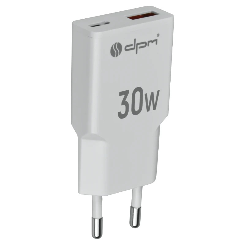 Захранващ адаптер PD 30W USB A+C бял DPM