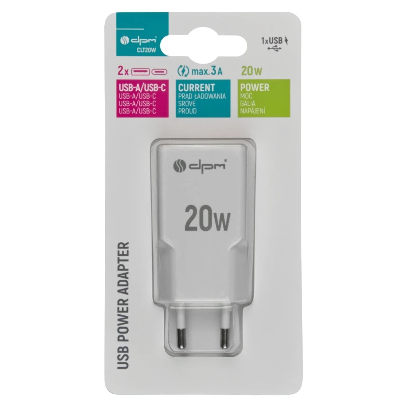 Захранващ адаптер PD 20W USB A+C бял DPM