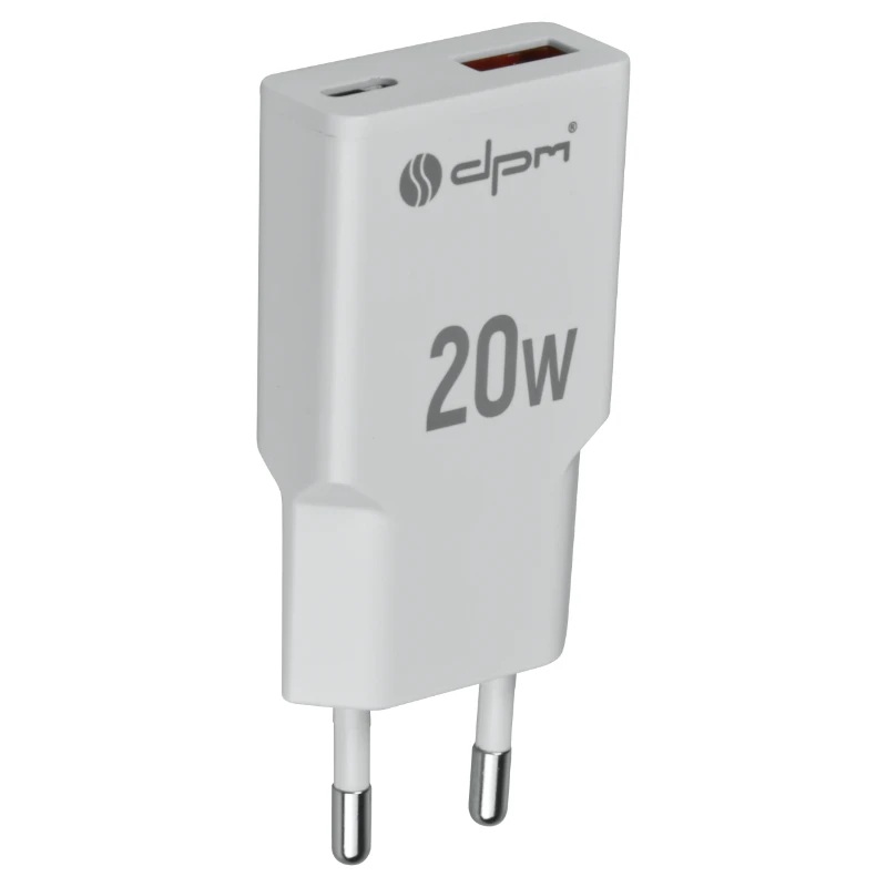 Захранващ адаптер PD 20W USB A+C бял DPM