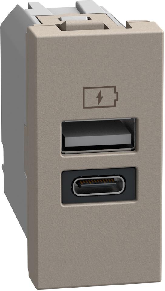 Розетка 2xUSB за зареждане тип A+C PD 20W 1 мод. цвят Камък Light Now Bticino