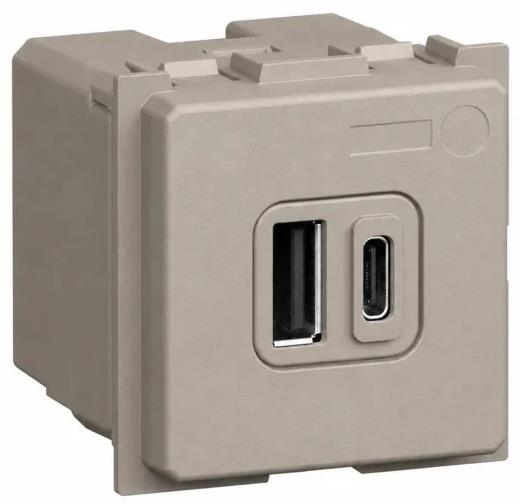 Розетка 2xUSB за зареждане тип C+C PD 20W 2 мод. цвят Камък Light Now Bticino