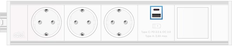 Модул Link 5M с 3х Шуко, USB тип C+C PD 65W и 1х празен модул, цвят Бял/Алуминий, ABL