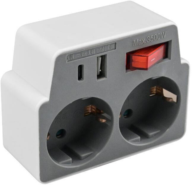 Адаптер за контакт 2х Шуко с USB A+C и ключ бял/сив DPM