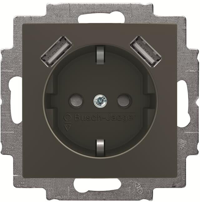 Контакт ШУКО 2P+E 16A + 2хUSB тип A 2.4A 12W цвят ЧЕРЕН Basic 55 ABB