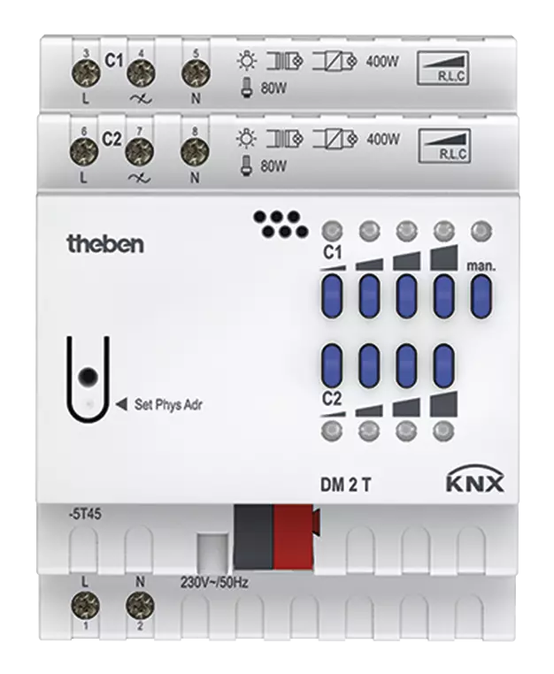 Димер универсален с ръчно управление DM2T 2х 400VA 4DIN KNX Theben