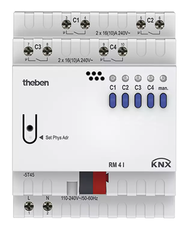 Актуатор изходи с ръчно управление RM4I 4x 230Vac 16A 4DIN KNX Theben