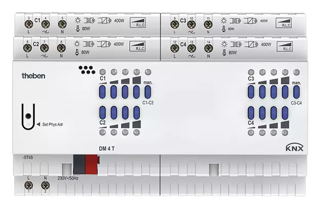 Димер универсален с ръчно управление DM4T 4х 400VA 8DIN KNX Theben