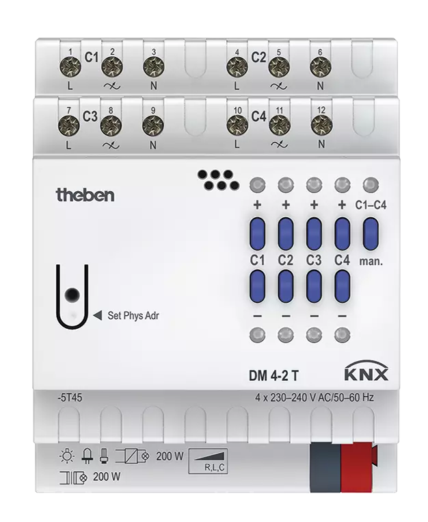 Димер универсален с ръчно управление DM4-2T 4х 200VA 4DIN KNX Theben