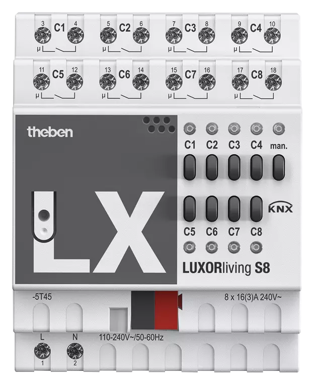 Актуатор изходи с ръчно управление S8 8x 230Vac 16A 4DIN LUXORliving Theben