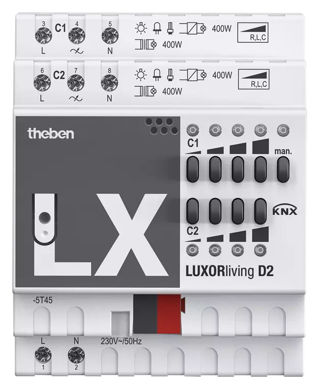 Димер универсален с ръчно управление D2 2х 400VA 4DIN LUXORliving Theben