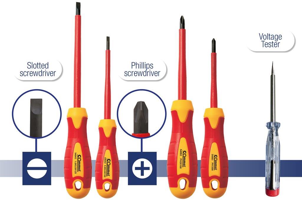Комплект с 4 бр. отвертки VDE 1000V - 2х шлиц и 2х PH и фазомер, Commel