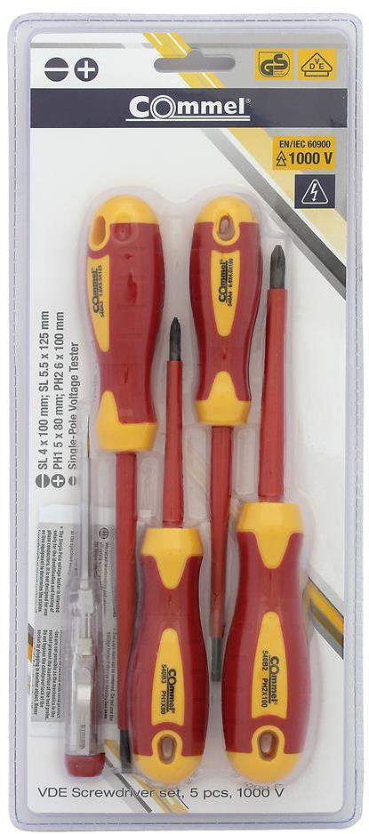 Комплект с 4 бр. отвертки VDE 1000V - 2х шлиц и 2х PH и фазомер, Commel