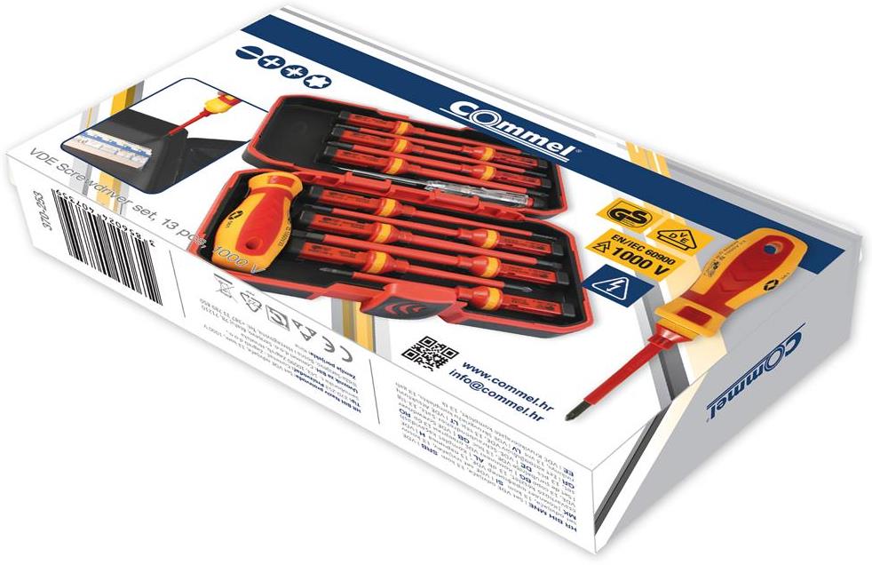 Комплект отвертки, 1x ръкохватка, 11х изолирани остриета и фазомер, VDE 1000V Commel