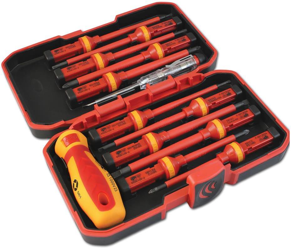 Комплект отвертки, 1x ръкохватка, 11х изолирани остриета и фазомер, VDE 1000V Commel