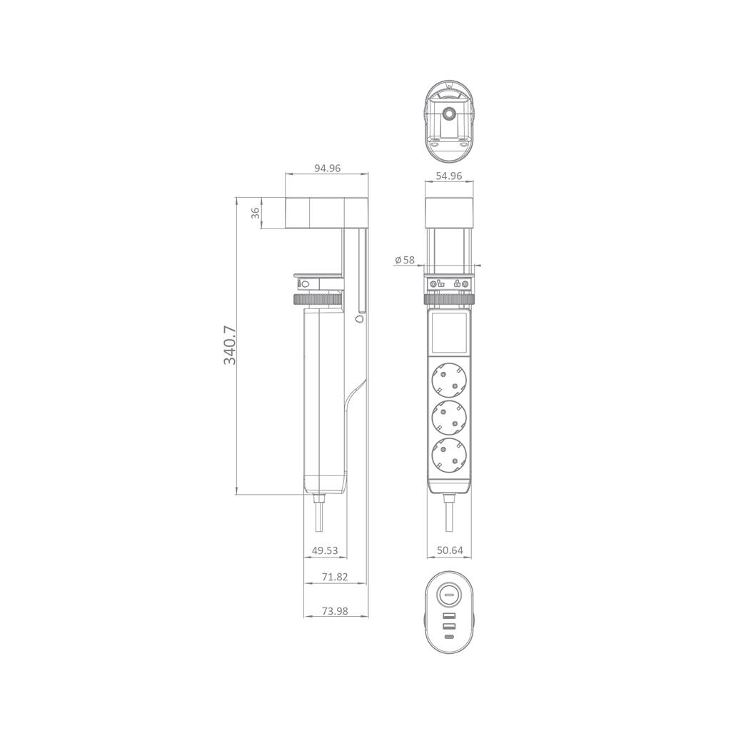 Разклонител с копче ЧЕРЕН 3х2P+E с кабел 1.4 метра и 3хUSB тип A+C 3.4A 17W за бюро Commel