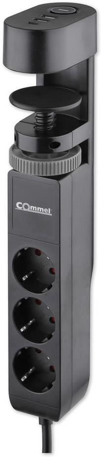 Разклонител с копче ЧЕРЕН 3х2P+E с кабел 1.4 метра и 3хUSB тип A+C 3.4A 17W за бюро Commel