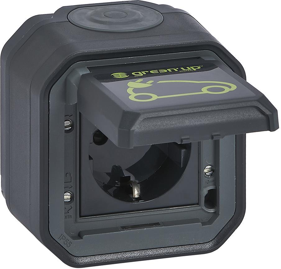 Контакт шуко 16А за зареждане на електромобили моноблок за открит монтаж цвят Антрацит IP55 Plexo New Legrand