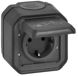 Контакт шуко 16А за зареждане на двуколесни ЕПС моноблок за открит монтаж цвят Антрацит IP55 Plexo New Legrand