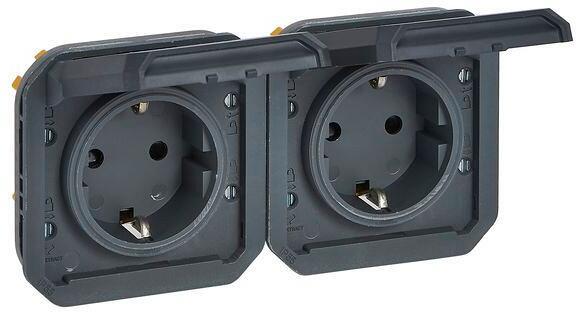 Контакт шуко ДВОЕН 16А хоризонтален авт. клеми механизъм цвят Антрацит IP55 Plexo New Legrand