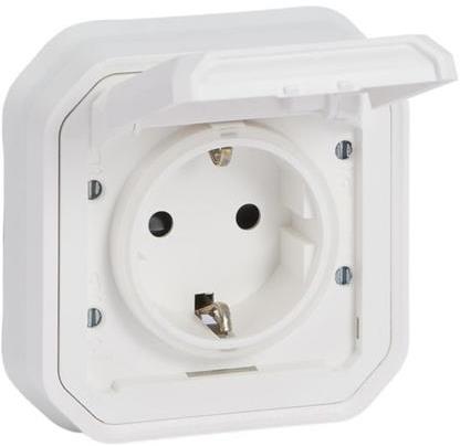 Контакт шуко 16А с детска защита и винт. клеми моноблок за скрит монтаж цвят Бял IP55 Plexo New Legrand