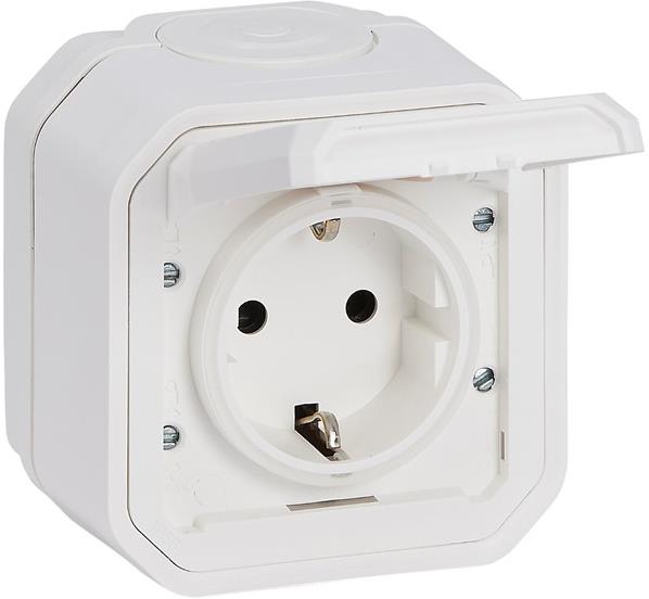 Контакт шуко 16А с детска защита и авт. клеми моноблок за открит монтаж цвят Бял IP55 Plexo New Legrand