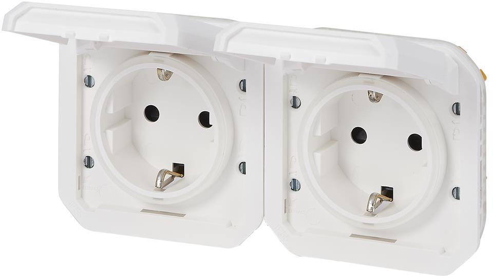 Контакт шуко ДВОЕН 16А хоризонтален авт. клеми механизъм цвят Бял IP55 Plexo New Legrand