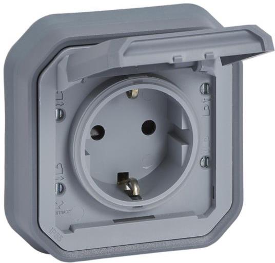 Контакт шуко 16А с детска защита и винт. клеми моноблок за скрит монтаж със скоби цвят Сив IP55 Plexo New Legrand