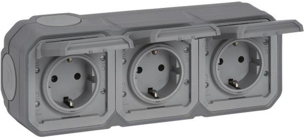 Контакт шуко ТРОЕН 16А хоризонтален винт. клеми моноблок за открит монтаж цвят Сив IP55 Plexo New Legrand