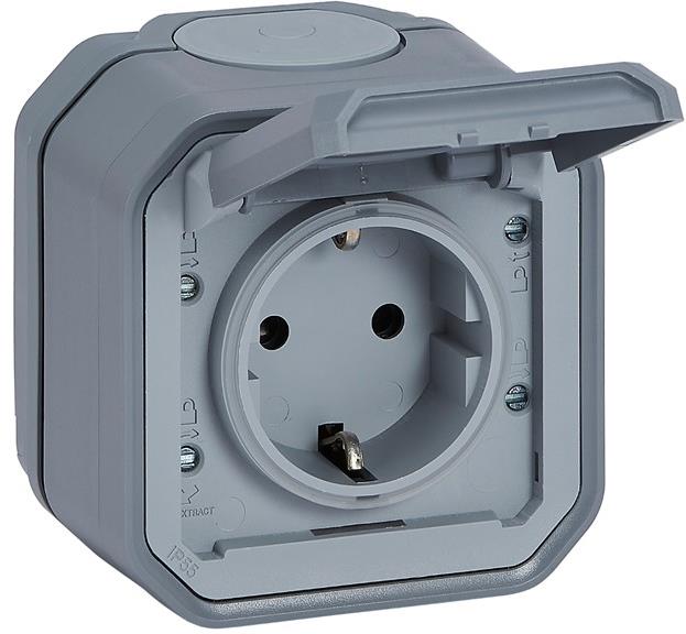 Контакт шуко 16А с детска защита и авт. клеми моноблок за открит монтаж цвят Сив IP55 Plexo New Legrand