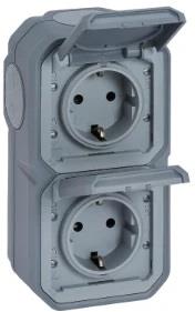 Контакт шуко ДВОЕН 16А вертикален винт. клеми моноблок за открит монтаж цвят Сив IP55 Plexo New Legrand