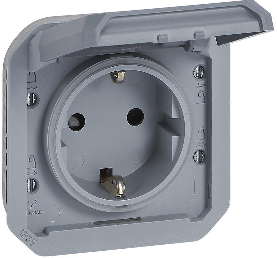 Контакт шуко 16А с детска защита и винт. клеми механизъм цвят Сив IP55 Plexo New Legrand