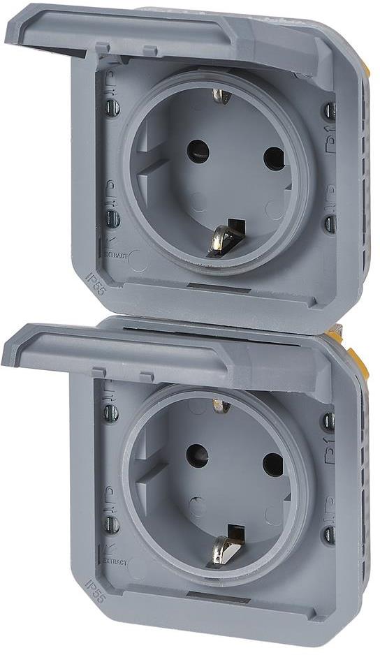 Контакт шуко ДВОЕН 16А вертикален авт. клеми механизъм цвят Сив IP55 Plexo New Legrand