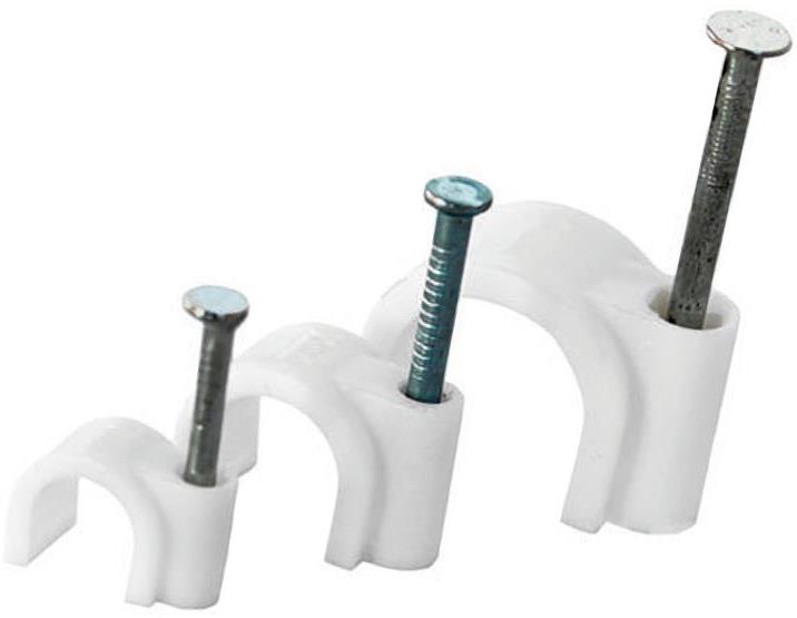 Скоба за кабел ф14мм бяла с пирон 40мм (50 бр. в кутия) Commel