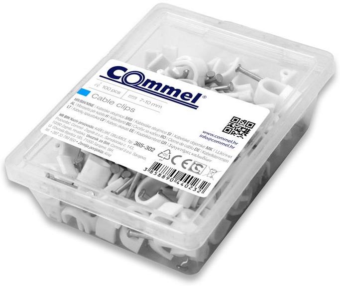 Скоба за кабел ф10мм бяла с пирон 40мм (100 бр. в кутия) Commel
