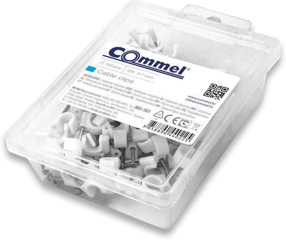 Скоба за кабел ф7мм бяла с пирон 40мм (100 бр. в кутия) Commel