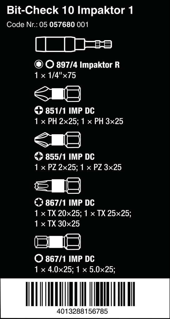 Комплект 9х бита и държач 897/4, Bit-Check 10 Impaktor Wera