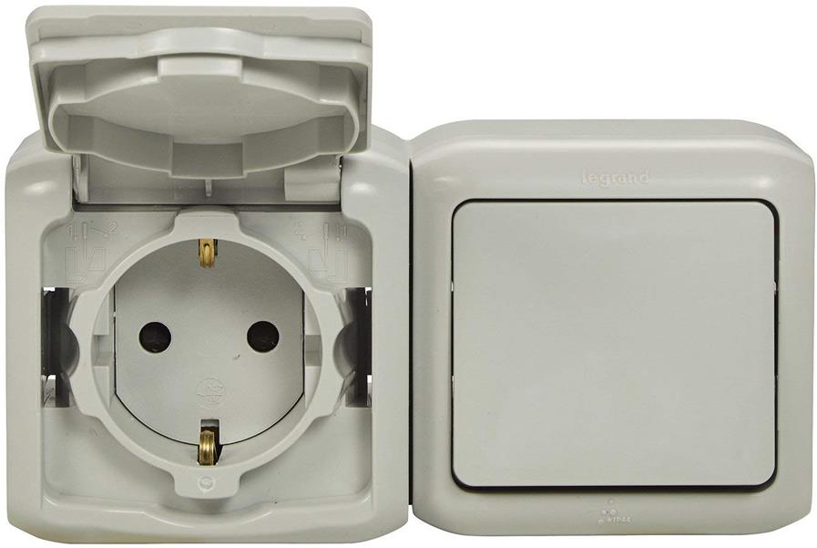 Блок Еднополюсен ключ и Контакт шуко IP44 открит монтаж цвят Сив Forix Legrand