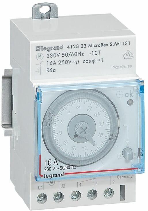 DIN Таймер Дневен, MicroRex SuWi T31, 15 минути минмален интервал, автоматична настройка, 16A 3 модула Legrand