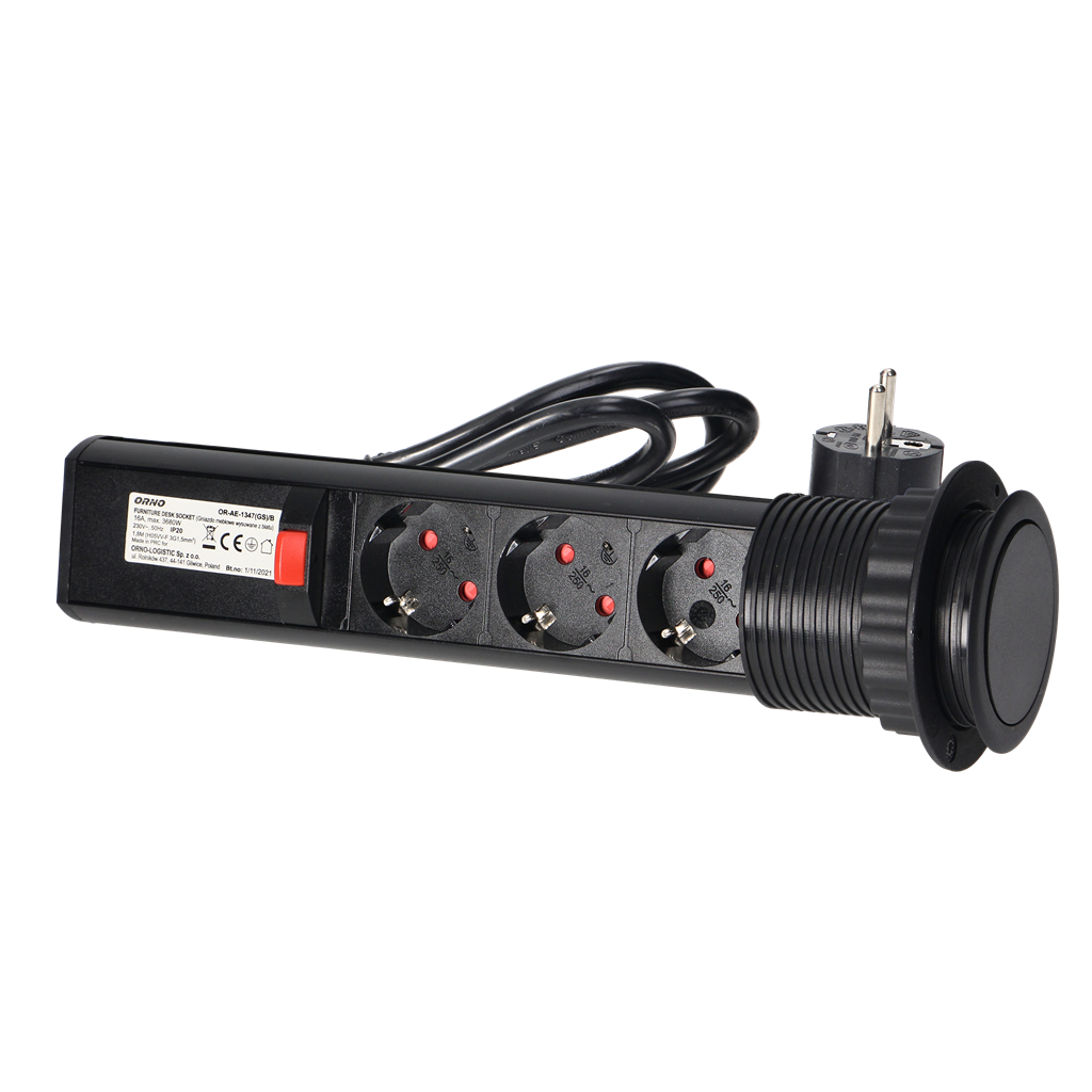 Мебелна колона Pop-Up, с контакти 3х шуко, кабел 1.8m, Ø60mm, цвят ЧЕРЕН, ORNO