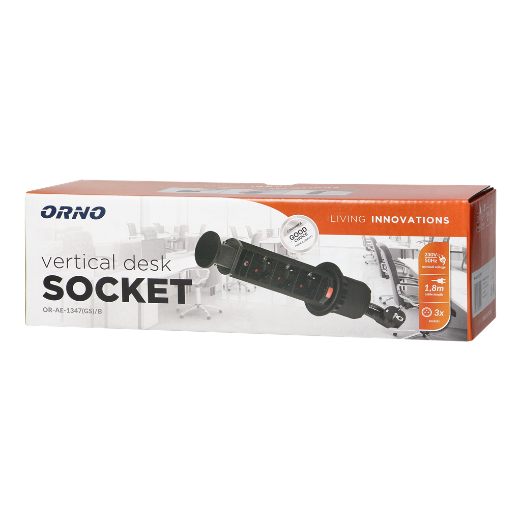 Мебелна колона Pop-Up, с контакти 3х шуко, кабел 1.8m, Ø60mm, цвят ЧЕРЕН, ORNO