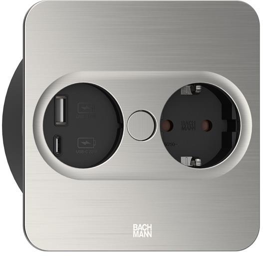 Модул TWIST 2 КВАДРАТЕН с 1х Шуко и USB тип A+C, с кабел 2м, цвят Инокс, Bachmann